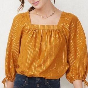 LC Lauren Conrad square neck puff sleeve blouse metallic gold stripe XL